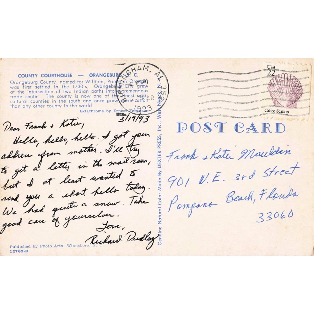 Vintage Orangeburg County Courthouse South Carolina Postcard 1993 Postmark SC - Picture 2 of 2
